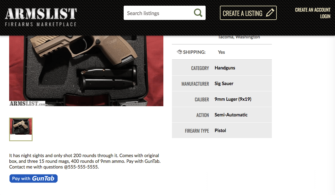 Example of a 'Pay with GunTab' checkout button on ArmsList